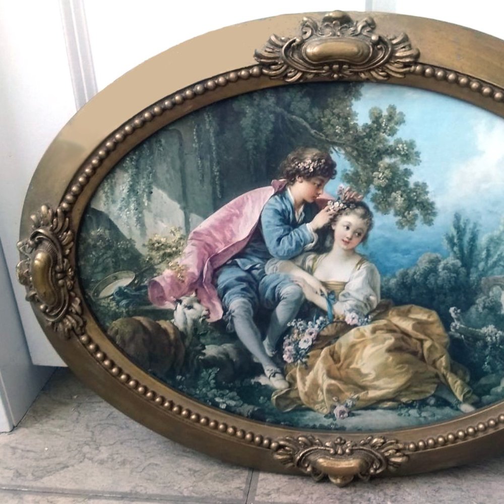 1970s Vintage Wood Oval Gilt Frame With Carved Accents